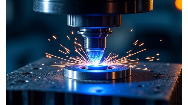 EDM 스파크 방전 가공기가 복잡한 내부 형상을 만들어내는 모습, 푸른색 불꽃